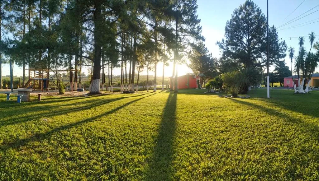 Gramado e área verde do Hotel La Campaña ao entardecer